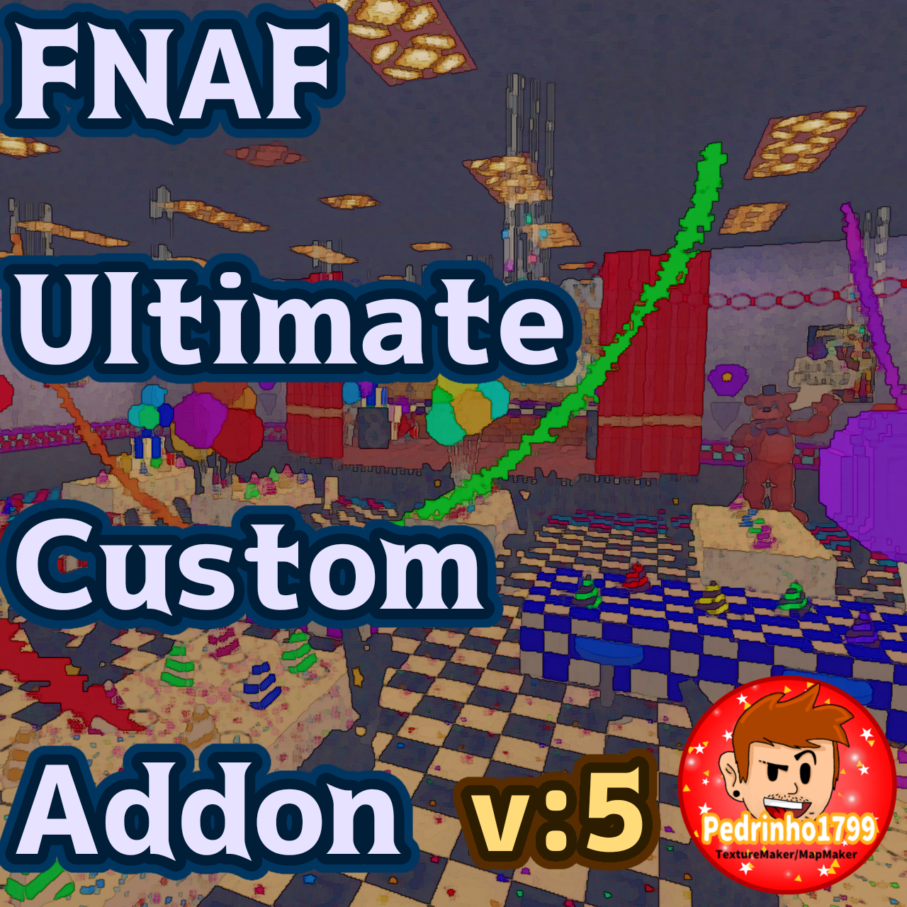 This addon has over 50+ Models including decorations, tables, chairs, gifts, balloons and much more. You can download the separate addon texture, which comes with several blocks, for floor, walls, stages and decorations, you can download the addon that comes with the texture. Have fun and let your creativity play, build the pizzeria your way and explore the amazing varieties you can create from this addon!