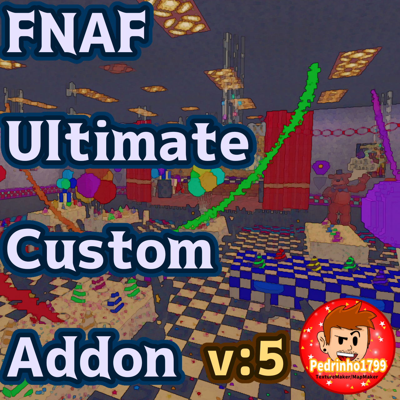 This addon has over 50+ Models including decorations, tables, chairs, gifts, balloons and much more.  You can download the separate addon texture, which comes with several blocks, for floor, walls, stages and decorations, you can download the addon that comes with the texture.  Have fun and let your creativity play, build the pizzeria your way and explore the amazing varieties you can create from this addon!