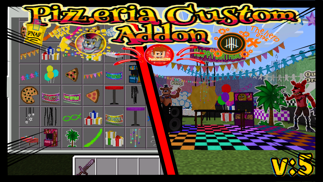 This addon is a fusion, with various decorations from Various Games from the Five Nights at Freddy's Franchise.  Adds more than 50+ Models for you to decorate your pizzeria however you like, which you can use to build your own pizzeria.